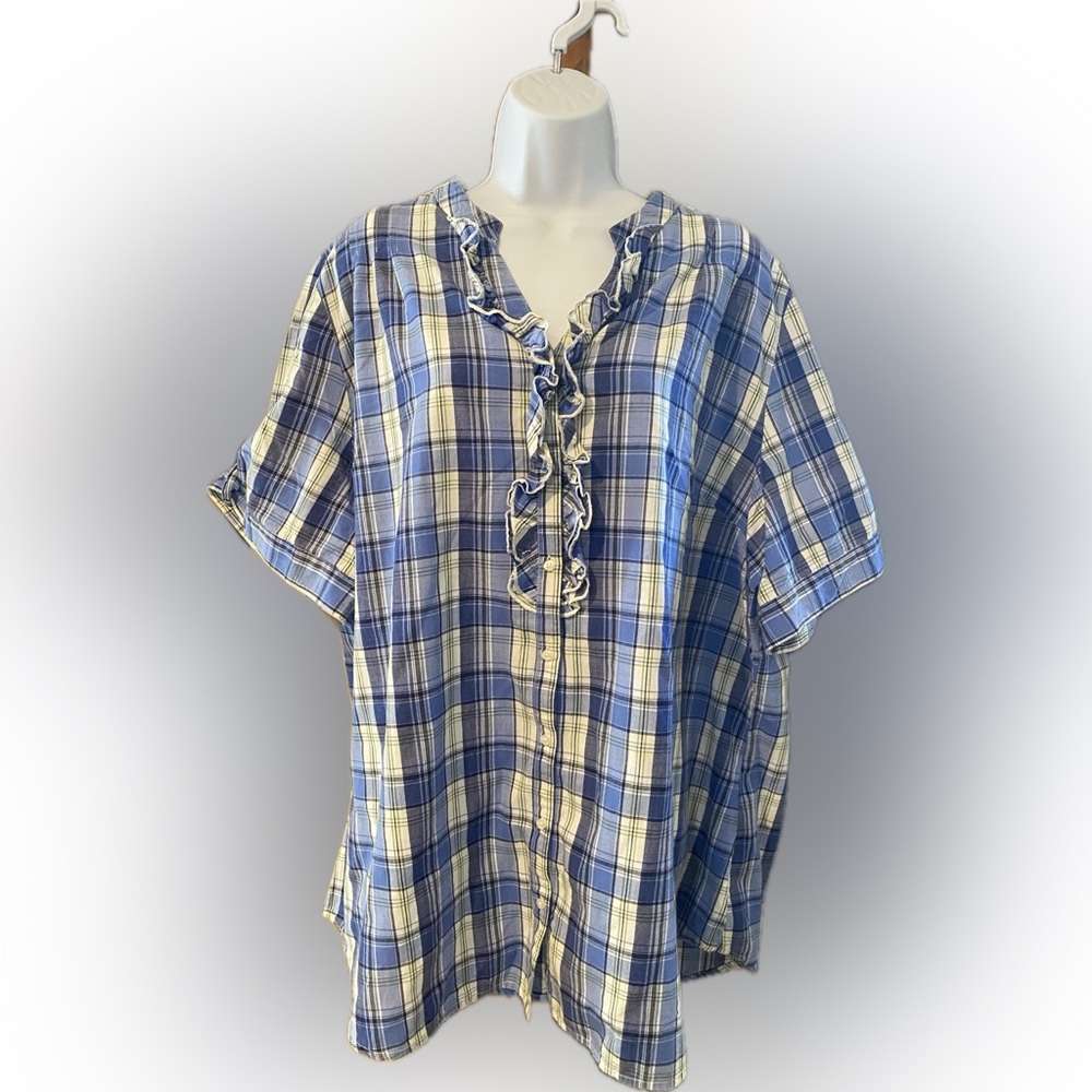 Lane Bryant 100% Cotton 22/24W Button Front Smock Top Ruffle Blue White Plaid